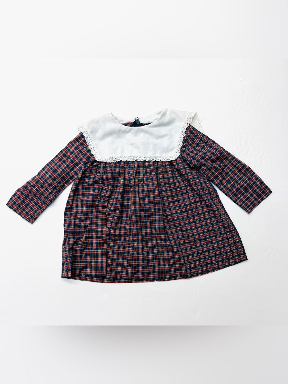 Vintage Handmade Girls Red Plaid Long-Sleeve Dress White Lace Yoke School